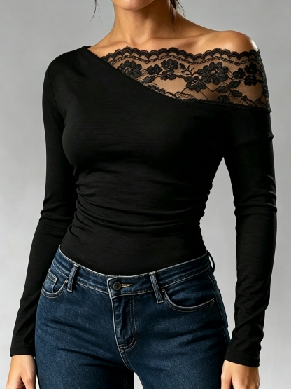 Women's Asymmetrical Off-Shoulder Lace Insert Long Sleeve Fitted Blouse