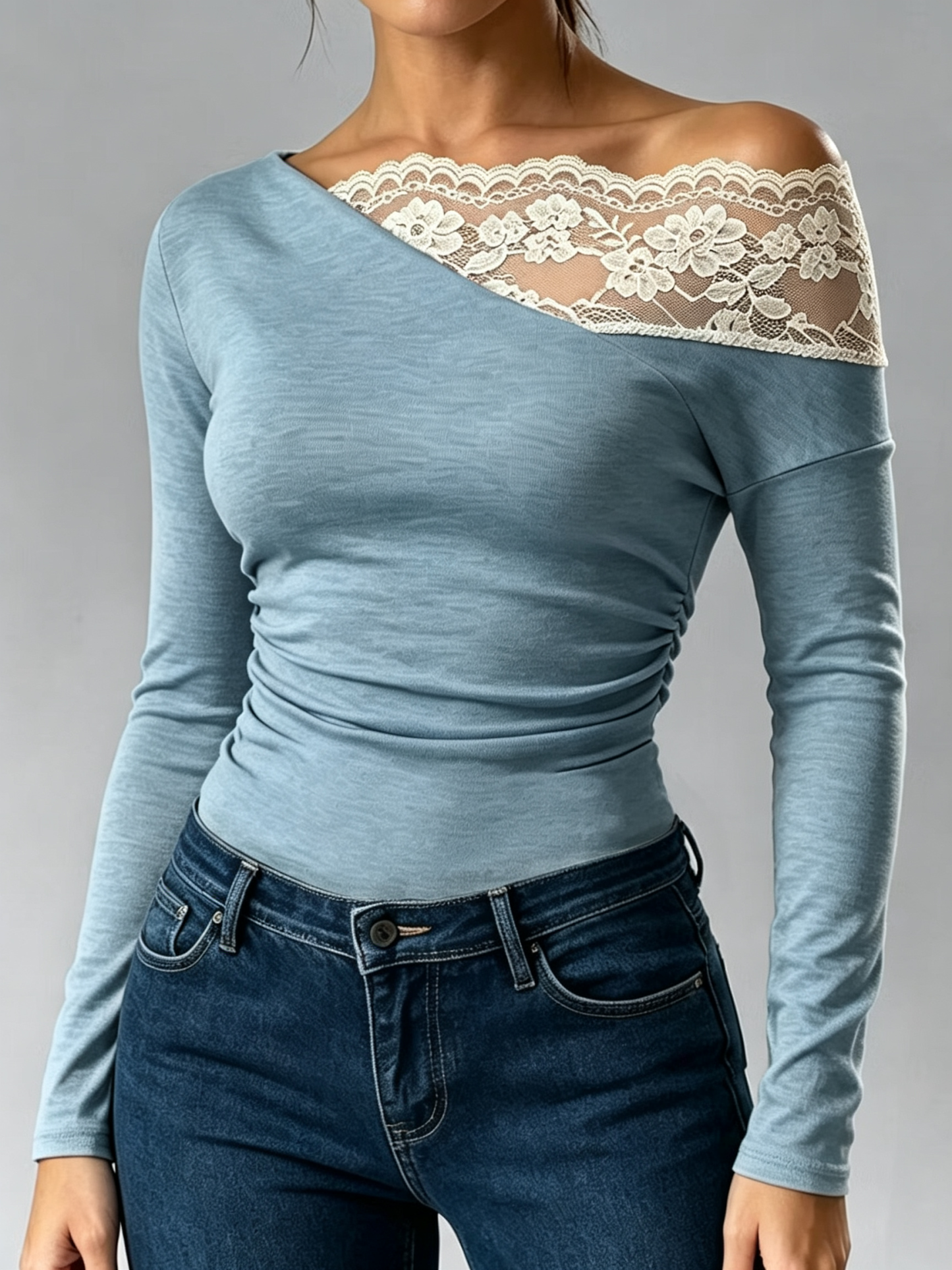 Women's Asymmetrical Off-Shoulder Lace Insert Long Sleeve Fitted Blouse
