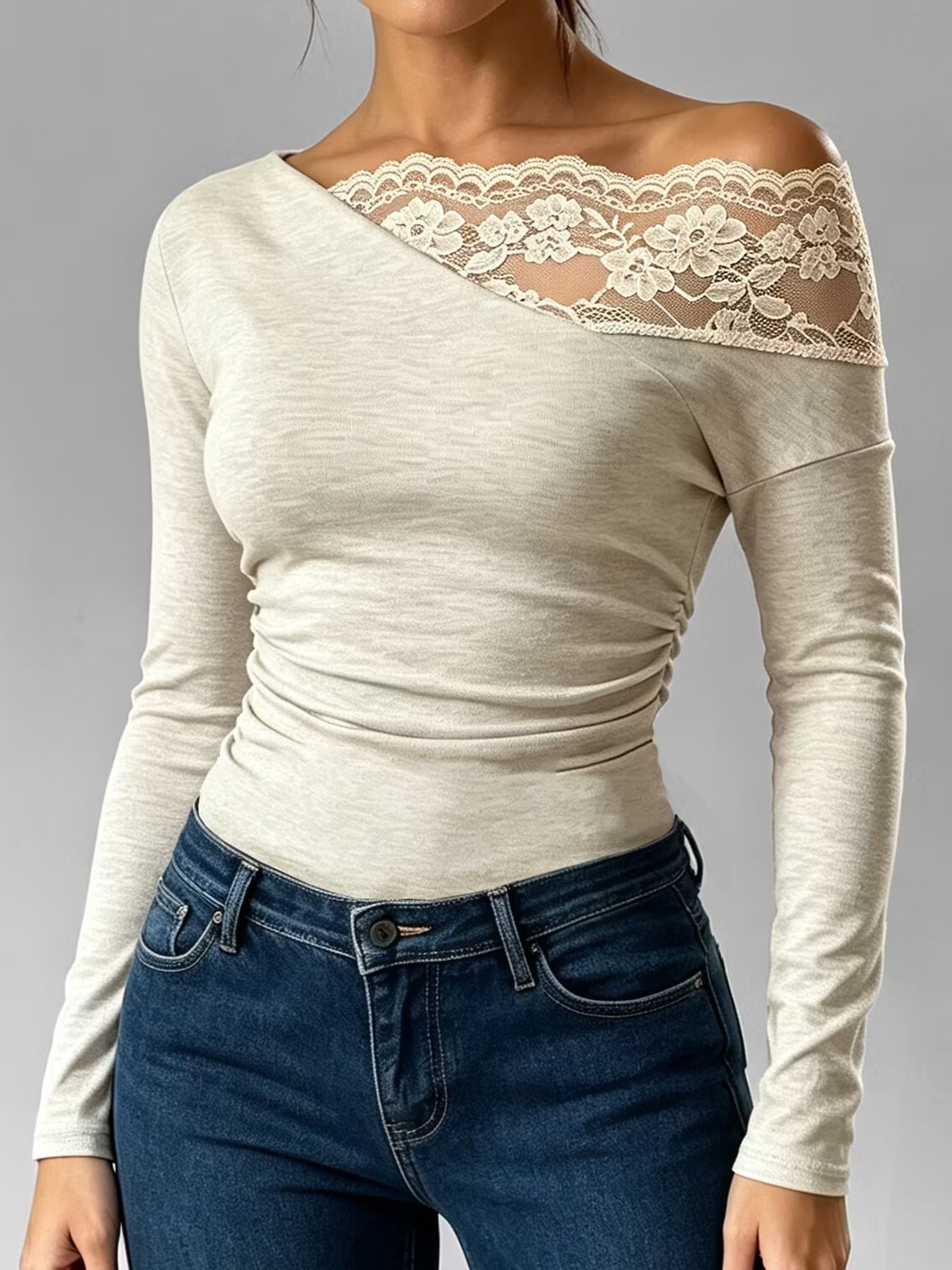 Women's Asymmetrical Off-Shoulder Lace Insert Long Sleeve Fitted Blouse