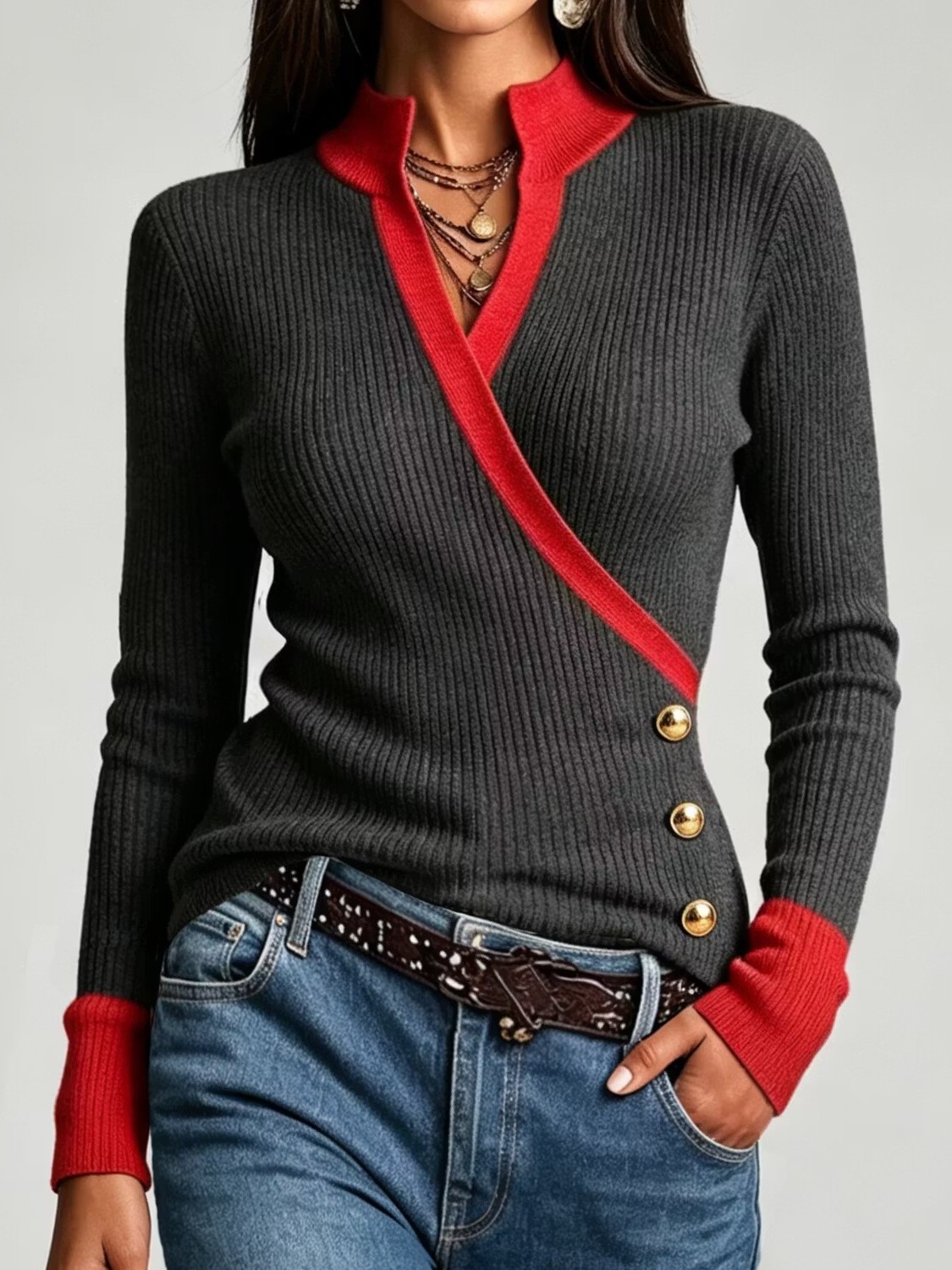 Women's Ribbed Knit Wrap Blouse with Gold Buttons & Contrast Trim, V-Neck Long Sleeve Top