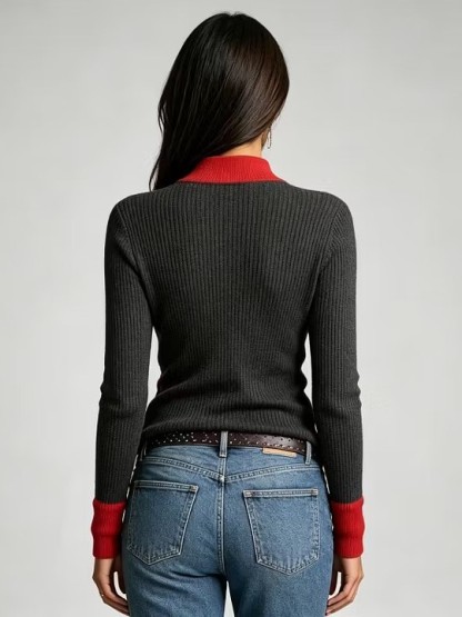 Women's Ribbed Knit Wrap Blouse with Gold Buttons & Contrast Trim, V-Neck Long Sleeve Top