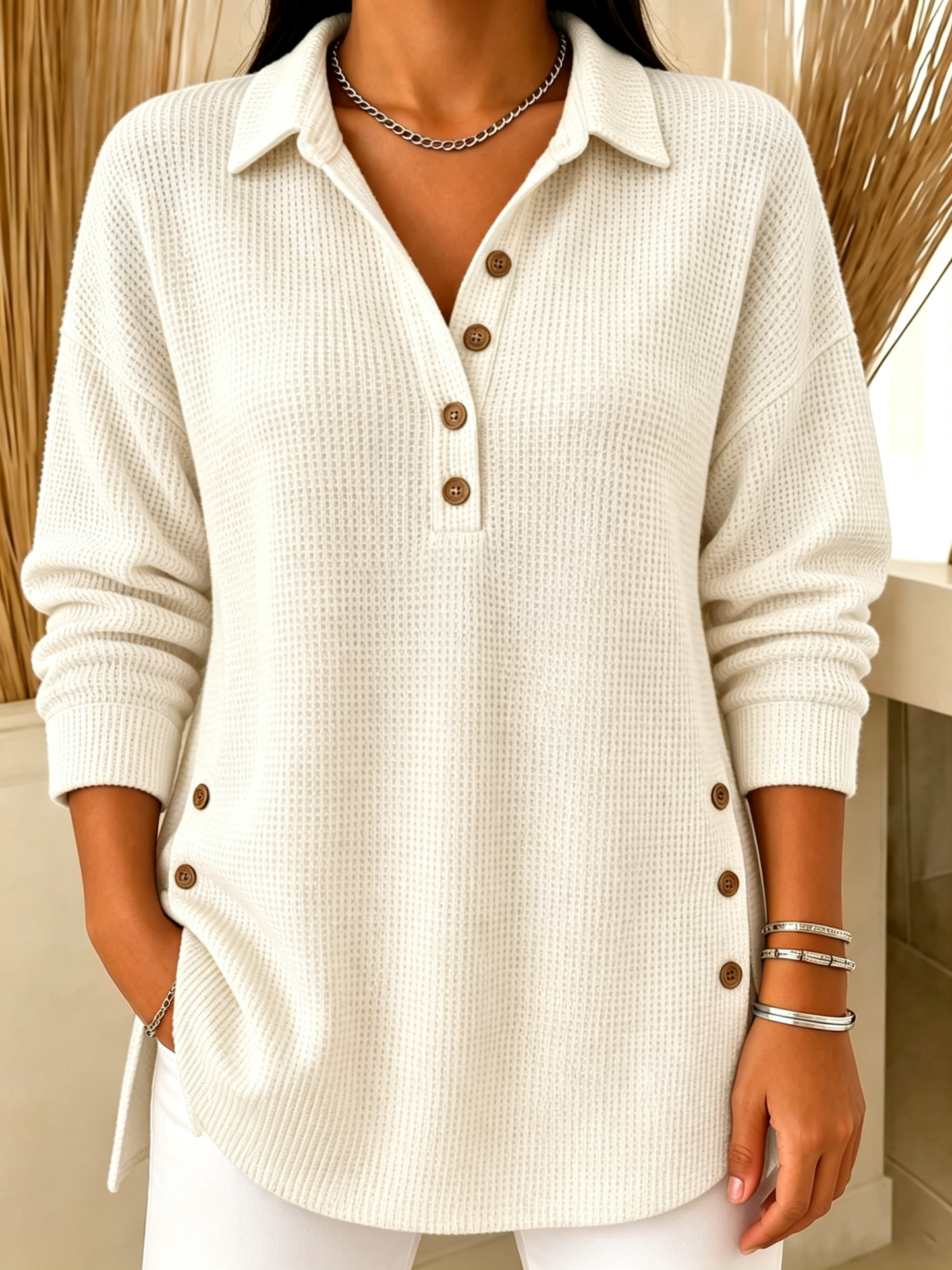 Chic Long Sleeve Waffle Knit Polo Sweater Casual Loose Henley Shirt(📦Buy 2 FREE SHIPPING & EXTRA 10% OFF)