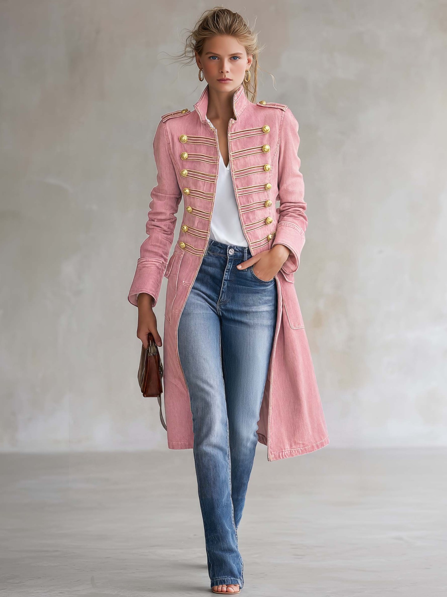 Vintage Washed Denim Military Officer Longline Gold-Button Fitted Statement Coat Women
