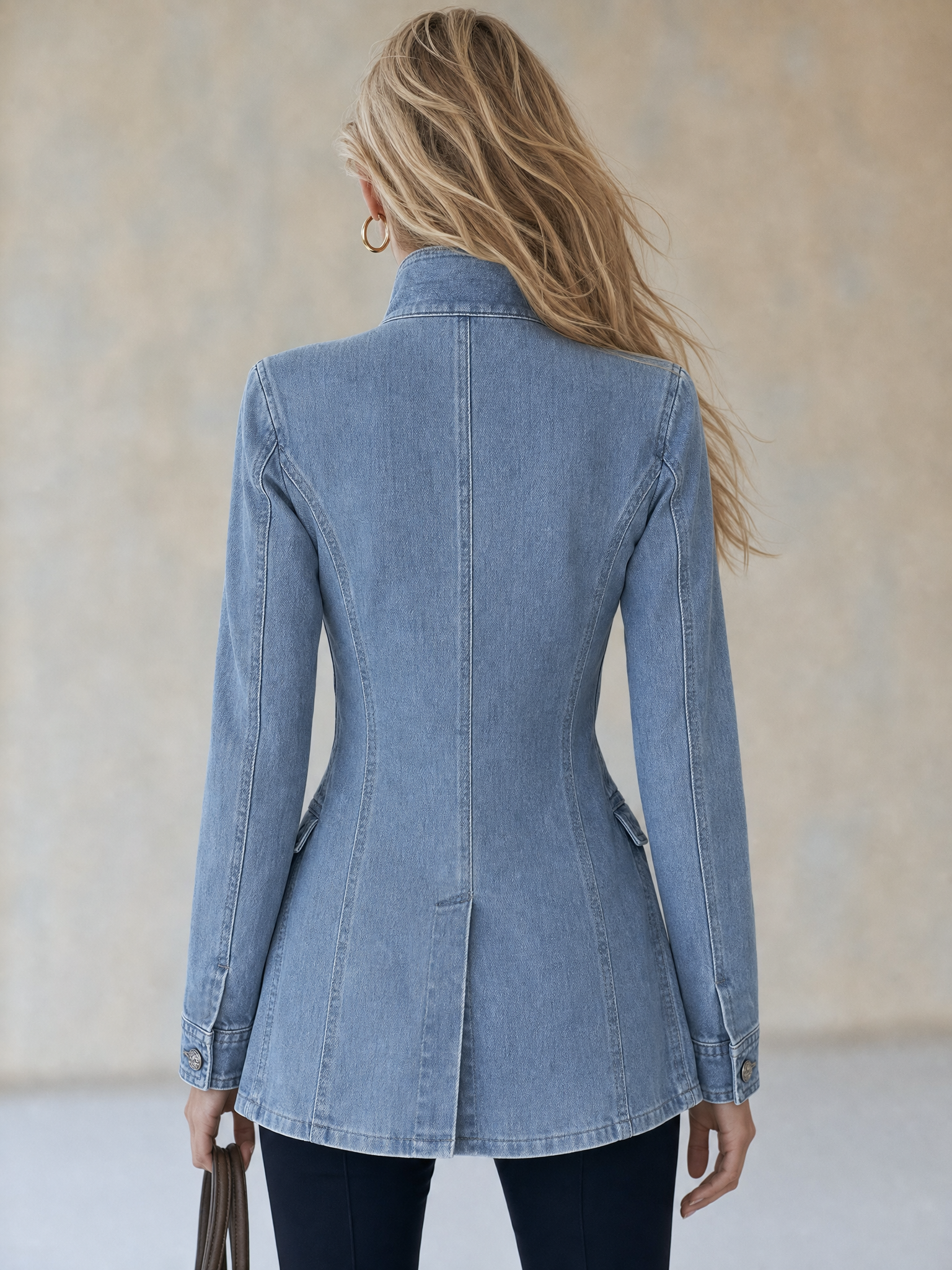 Women's Military Style Fitted Light Wash Denim Jacket With Decorative Buttons