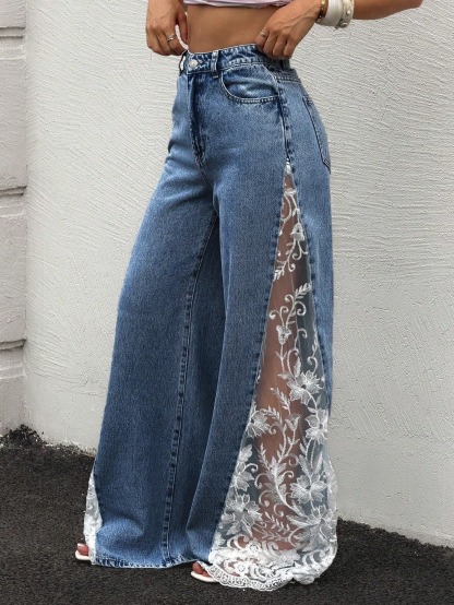 High Waist Lace Splice Wide Leg Jeans