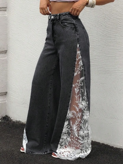 High Waist Lace Splice Wide Leg Jeans