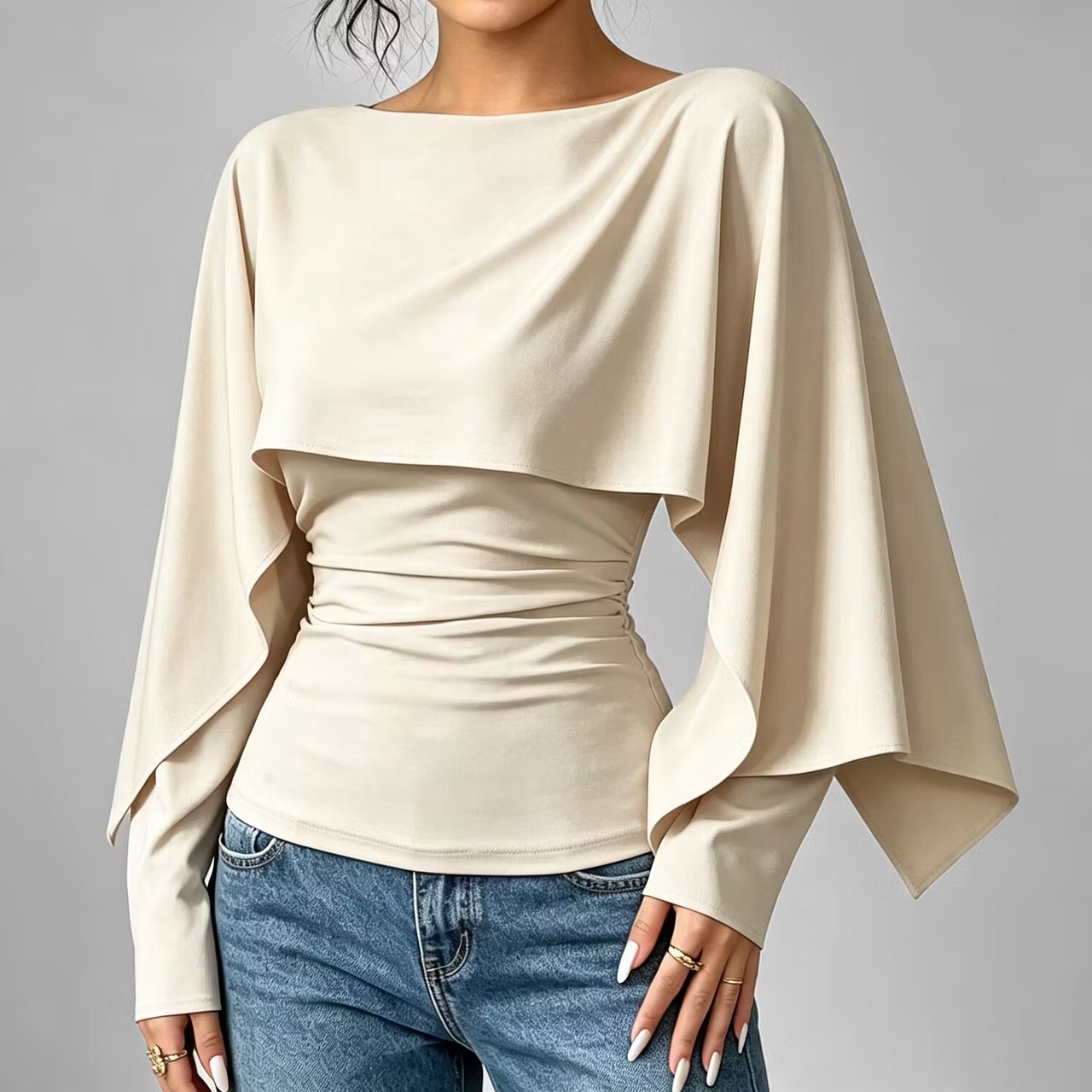 🔥Women's Asymmetric Cape Neck Ruched Blouse