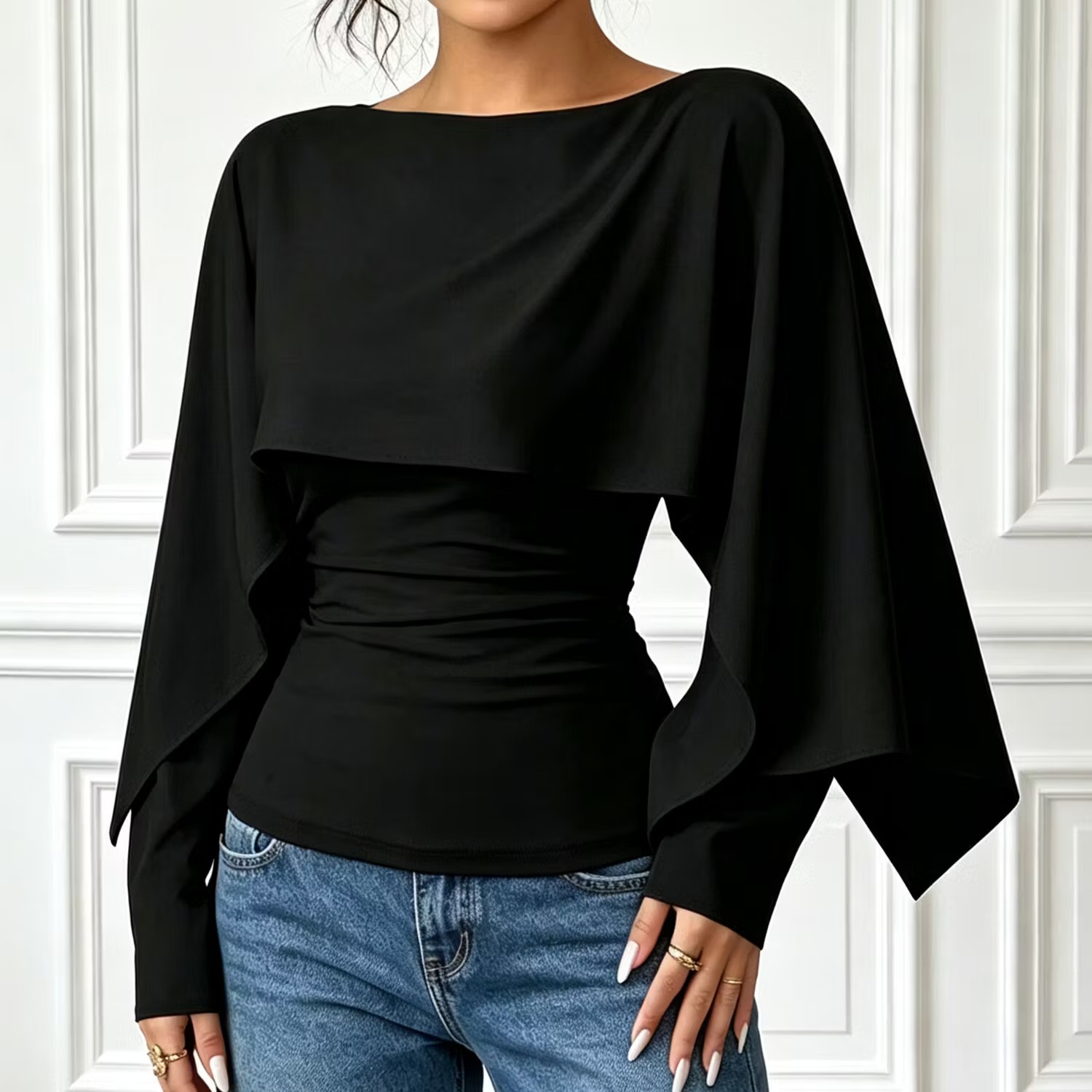 🔥Women's Asymmetric Cape Neck Ruched Blouse