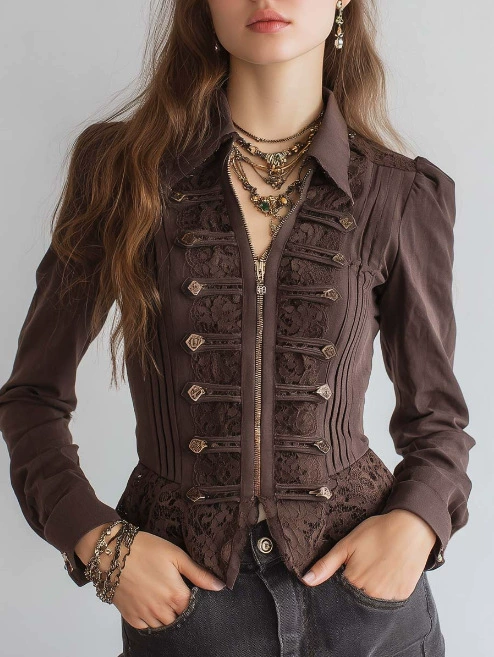 Vintage Gothic Lace Patchwork Zip Up Long Sleeve Jacket