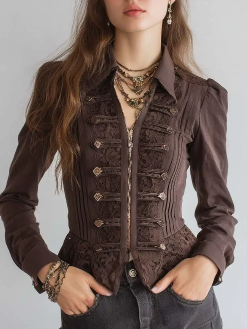 Vintage Gothic Lace Patchwork Zip Up Long Sleeve Jacket