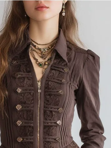 Vintage Gothic Lace Patchwork Zip Up Long Sleeve Jacket