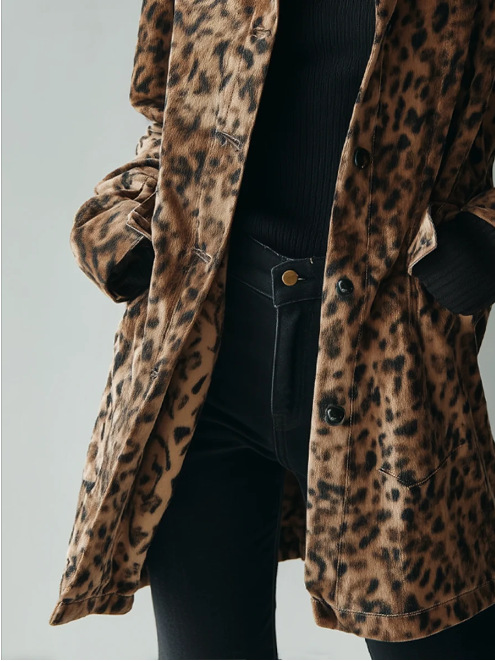 Vintage Leopard Print Lapel Single-Breasted Mid-Length Coat