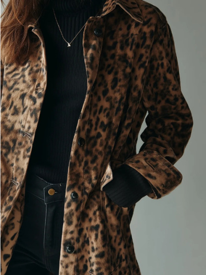 Vintage Leopard Print Lapel Single-Breasted Mid-Length Coat