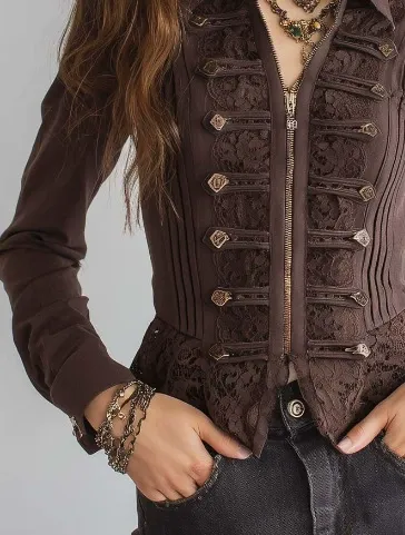 Vintage Gothic Lace Patchwork Zip Up Long Sleeve Jacket