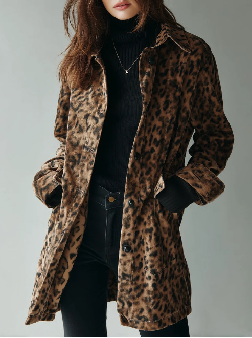 Vintage Leopard Print Lapel Single-Breasted Mid-Length Coat