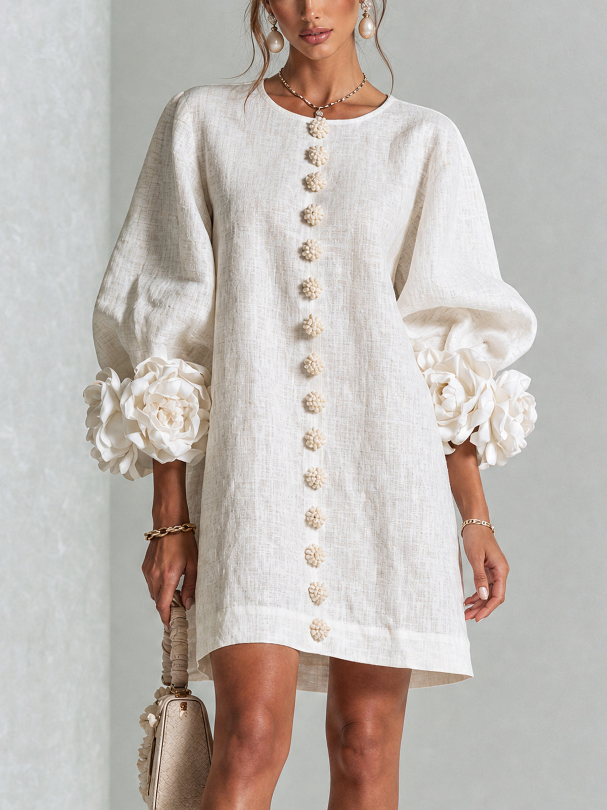 💝💝Floral Button-down Mini Dress With Striking Floral Cuffs