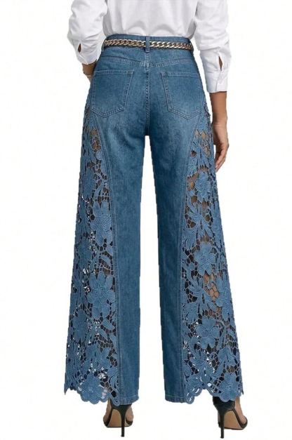 Summer Hollow Out Jeans Women Elegant High Waist Wide Leg Bottoms