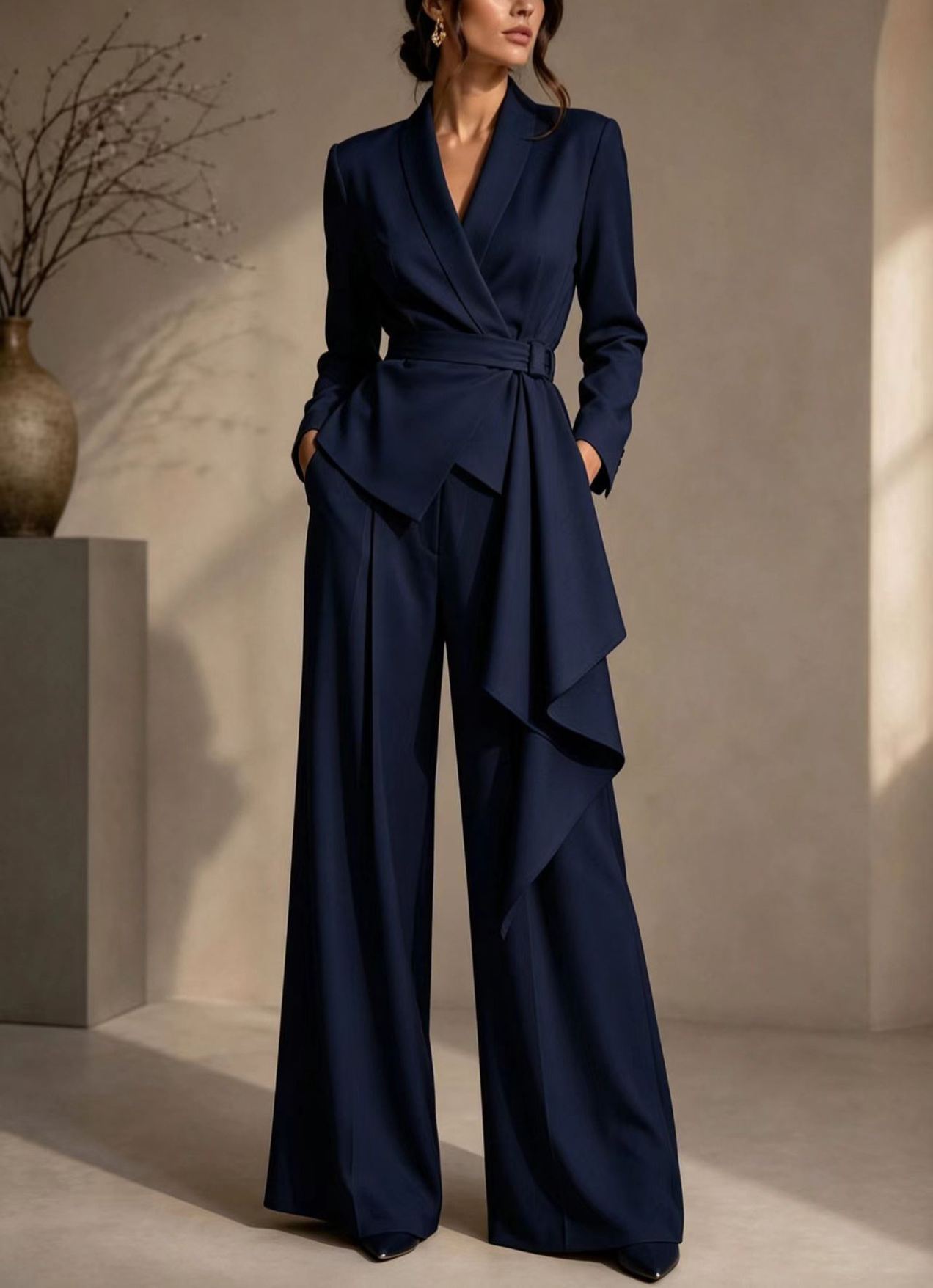 🤍 Women’s Irregular Blazer Suit Wrap Belted Jacket & Wide Leg Pants Two-Piece Set