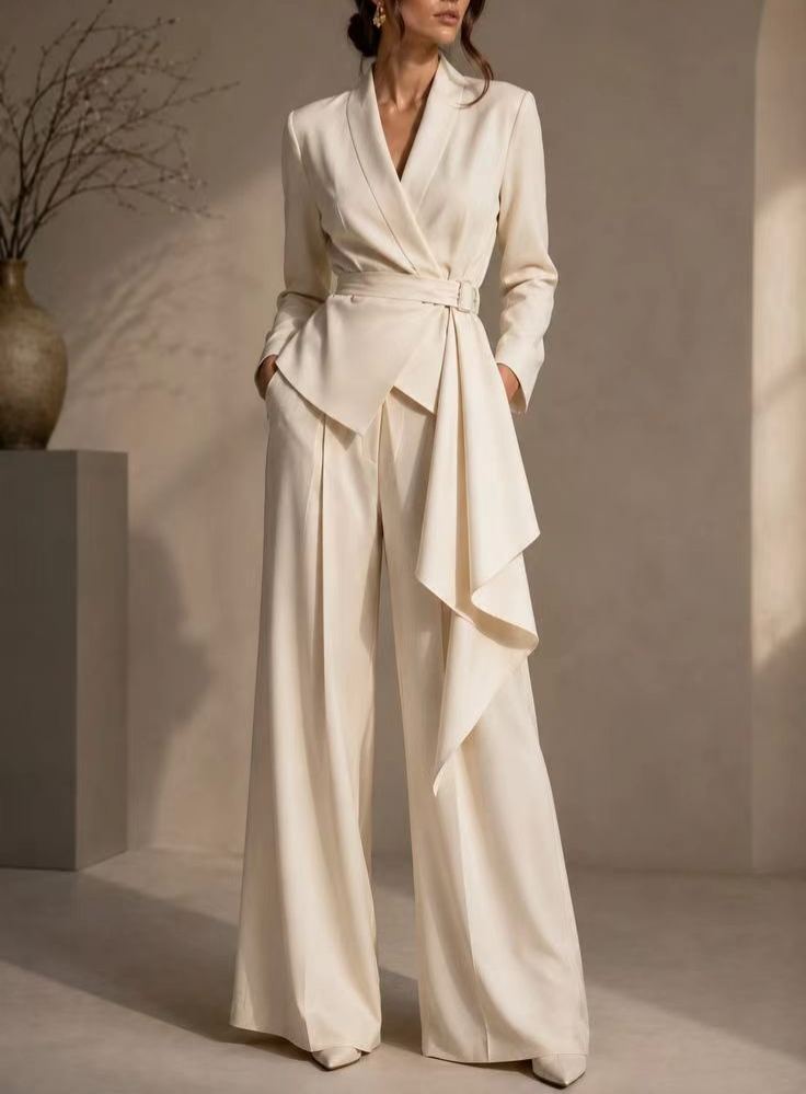 🤍 Women’s Irregular Blazer Suit Wrap Belted Jacket & Wide Leg Pants Two-Piece Set