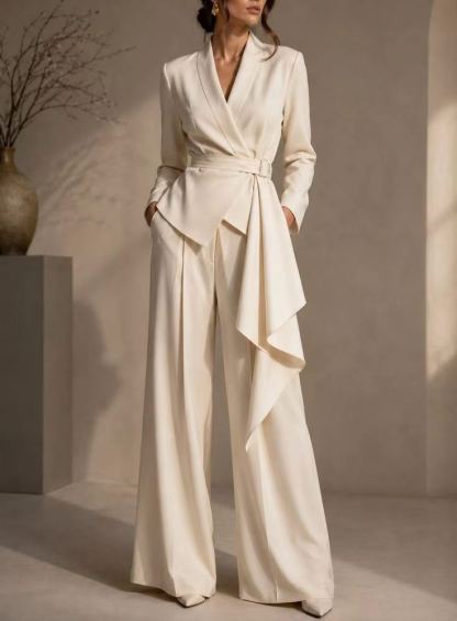 🤍 Women’s Irregular Blazer Suit Wrap Belted Jacket & Wide Leg Pants Two-Piece Set