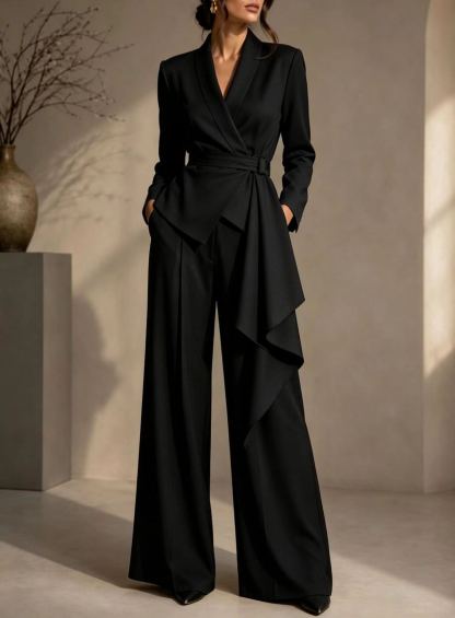 🤍 Women’s Irregular Blazer Suit Wrap Belted Jacket & Wide Leg Pants Two-Piece Set