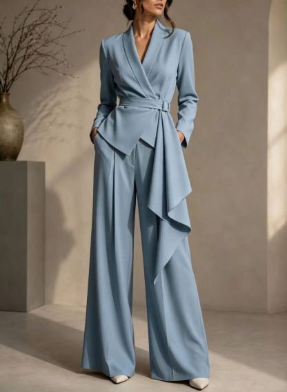 🤍 Women’s Irregular Blazer Suit Wrap Belted Jacket & Wide Leg Pants Two-Piece Set