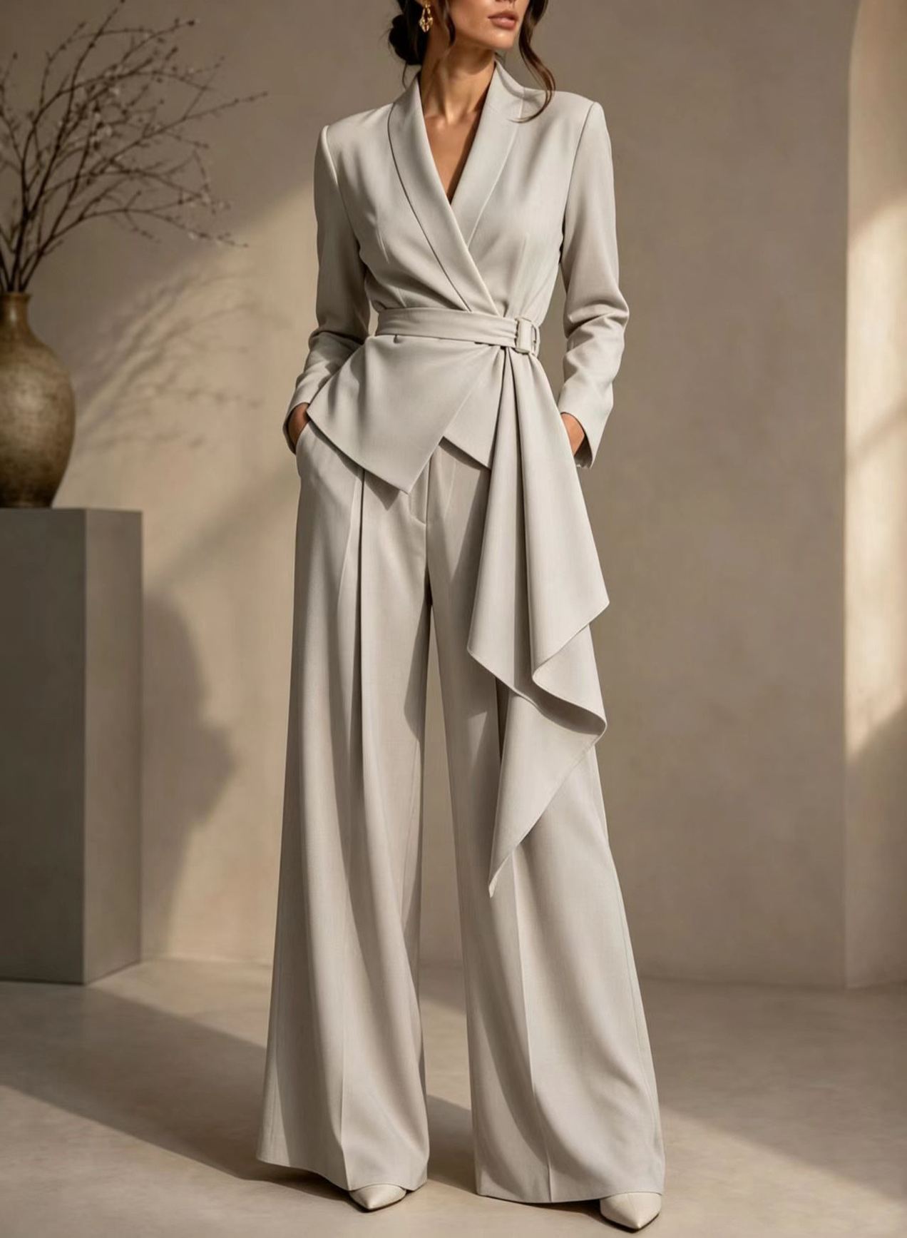 🤍 Women’s Irregular Blazer Suit Wrap Belted Jacket & Wide Leg Pants Two-Piece Set