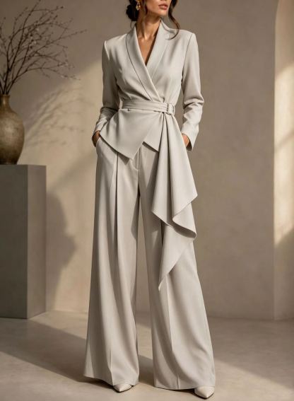 🤍 Women’s Irregular Blazer Suit Wrap Belted Jacket & Wide Leg Pants Two-Piece Set
