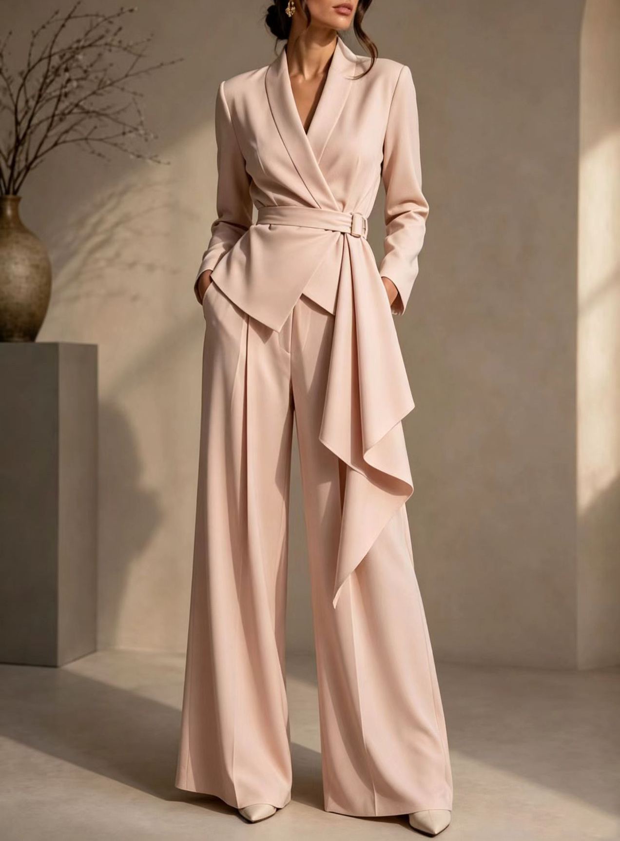 🤍 Women’s Irregular Blazer Suit Wrap Belted Jacket & Wide Leg Pants Two-Piece Set