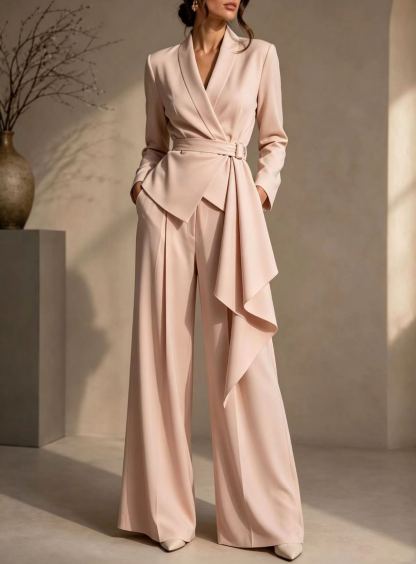 🤍 Women’s Irregular Blazer Suit Wrap Belted Jacket & Wide Leg Pants Two-Piece Set