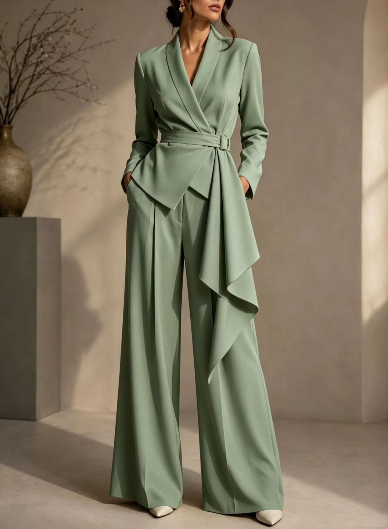 🤍 Women’s Irregular Blazer Suit Wrap Belted Jacket & Wide Leg Pants Two-Piece Set