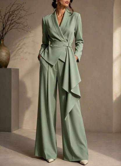 🤍 Women’s Irregular Blazer Suit Wrap Belted Jacket & Wide Leg Pants Two-Piece Set