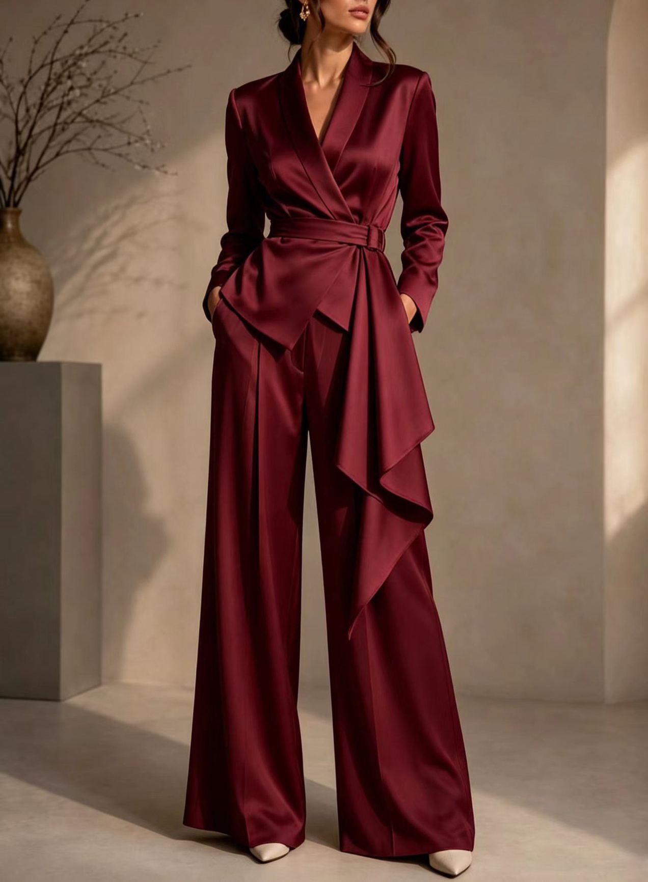 🤍 Women’s Irregular Blazer Suit Wrap Belted Jacket & Wide Leg Pants Two-Piece Set