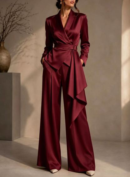 🤍 Women’s Irregular Blazer Suit Wrap Belted Jacket & Wide Leg Pants Two-Piece Set