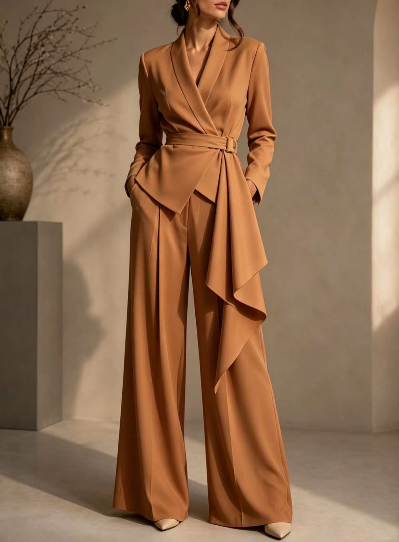 🤍 Women’s Irregular Blazer Suit Wrap Belted Jacket & Wide Leg Pants Two-Piece Set