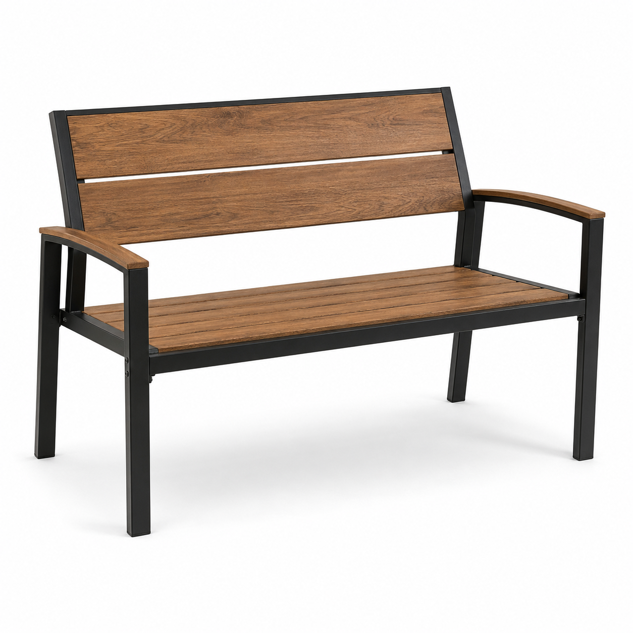 Gartenbank Holzoptik 2-Sitzer Naturbraun mit schwarzem Metallgestell 122 cm-SolmontLiving