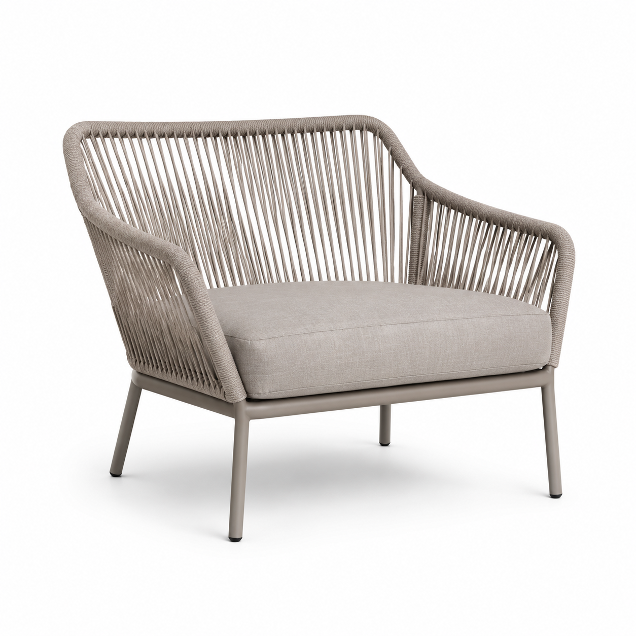 Loungesessel mit Kordelbespannung Greige und abnehmbarem Sitzkissen-SolmontLiving