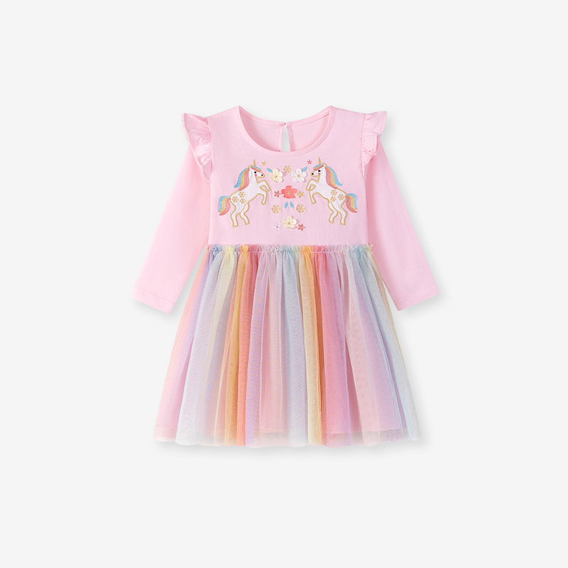 Baby & Kids Pink Autumn Cotton Unicorn Printing Dress