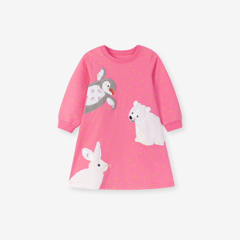 Baby & Kids Pink Autumn Cotton Bear Printing Dress