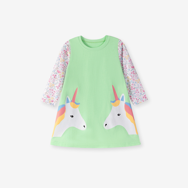 Baby & Kids Green Autumn Cotton Unicorn Printing Dress