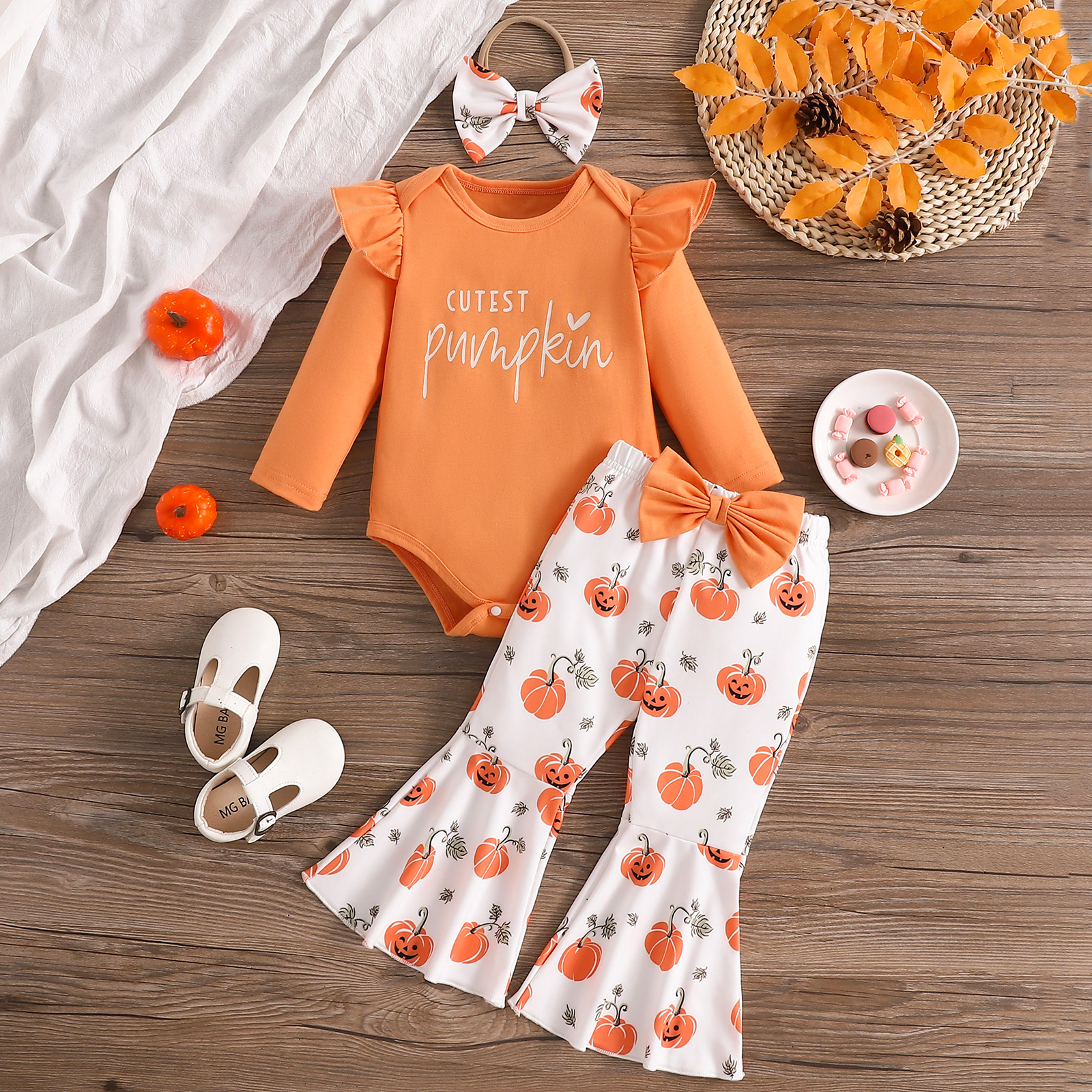 Baby Girl Halloween Pumpkin Bodysuit, Flared Pants & Bow Headband — 3pc