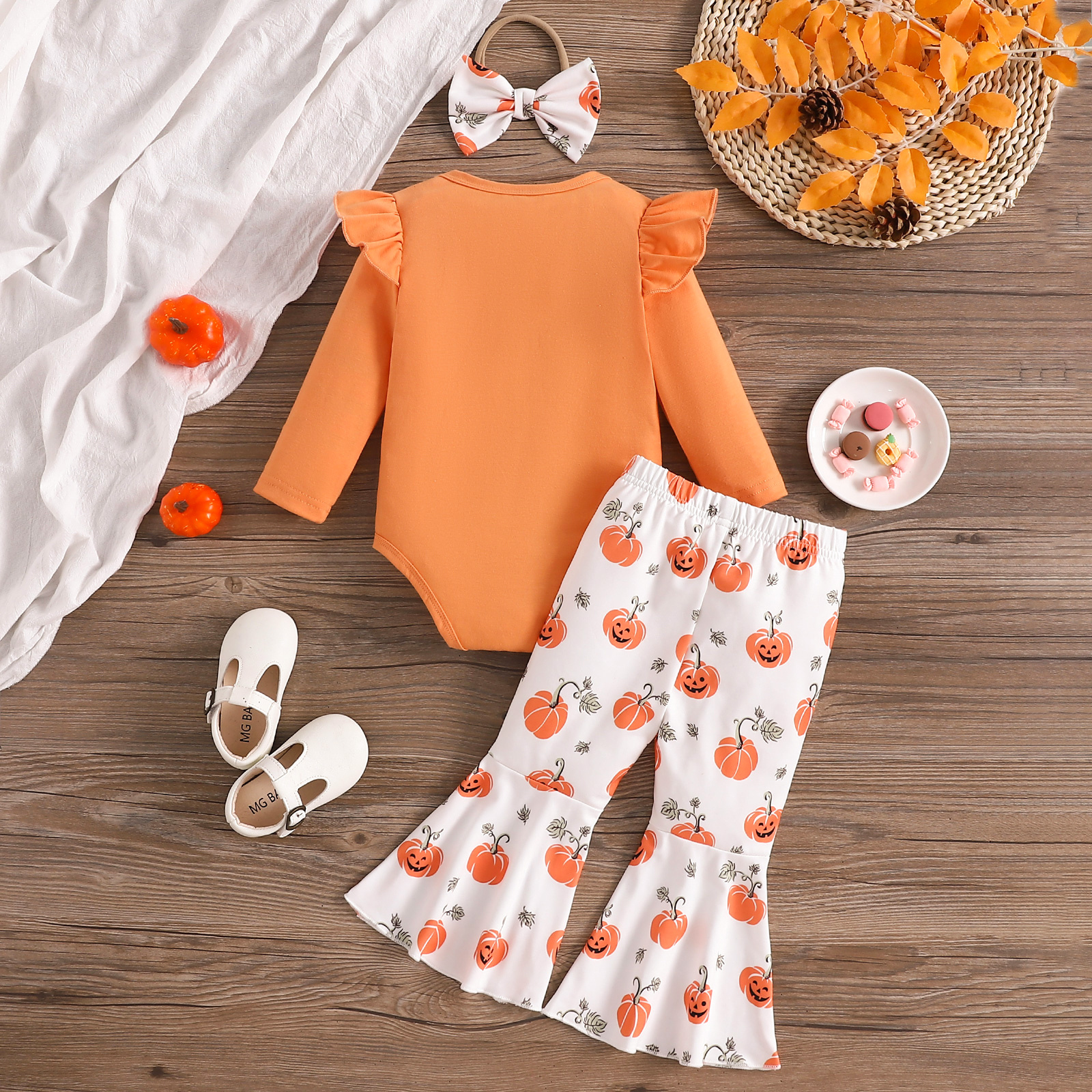 Baby Girl Halloween Pumpkin Bodysuit, Flared Pants & Bow Headband — 3pc
