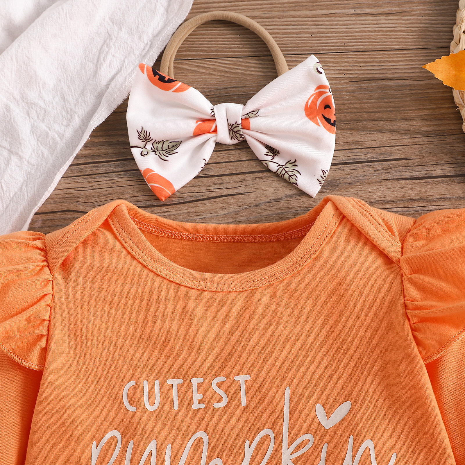 Baby Girl Halloween Pumpkin Bodysuit, Flared Pants & Bow Headband — 3pc