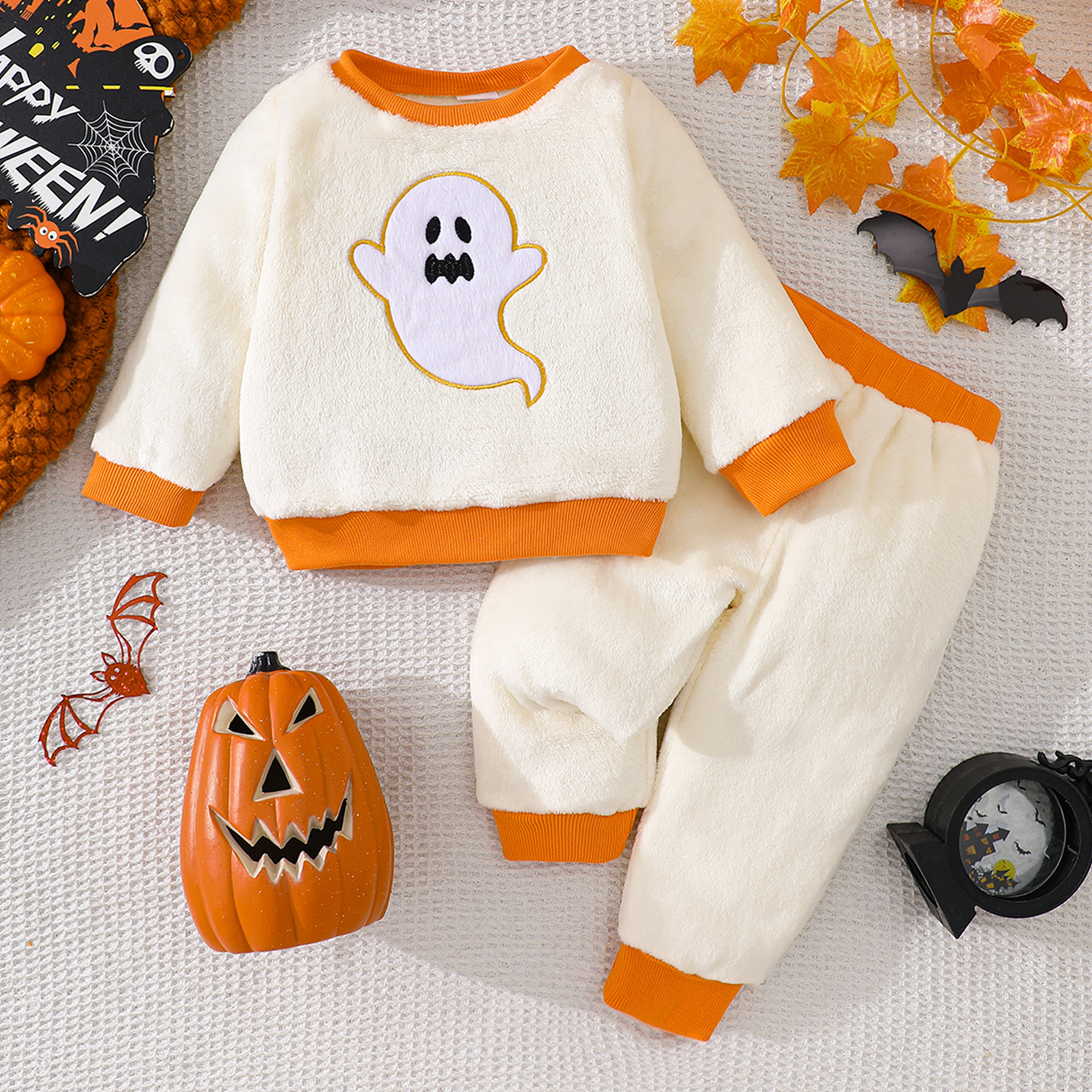 Baby Halloween Ghost Plush Sweatshirt & Sweatpants Set — White