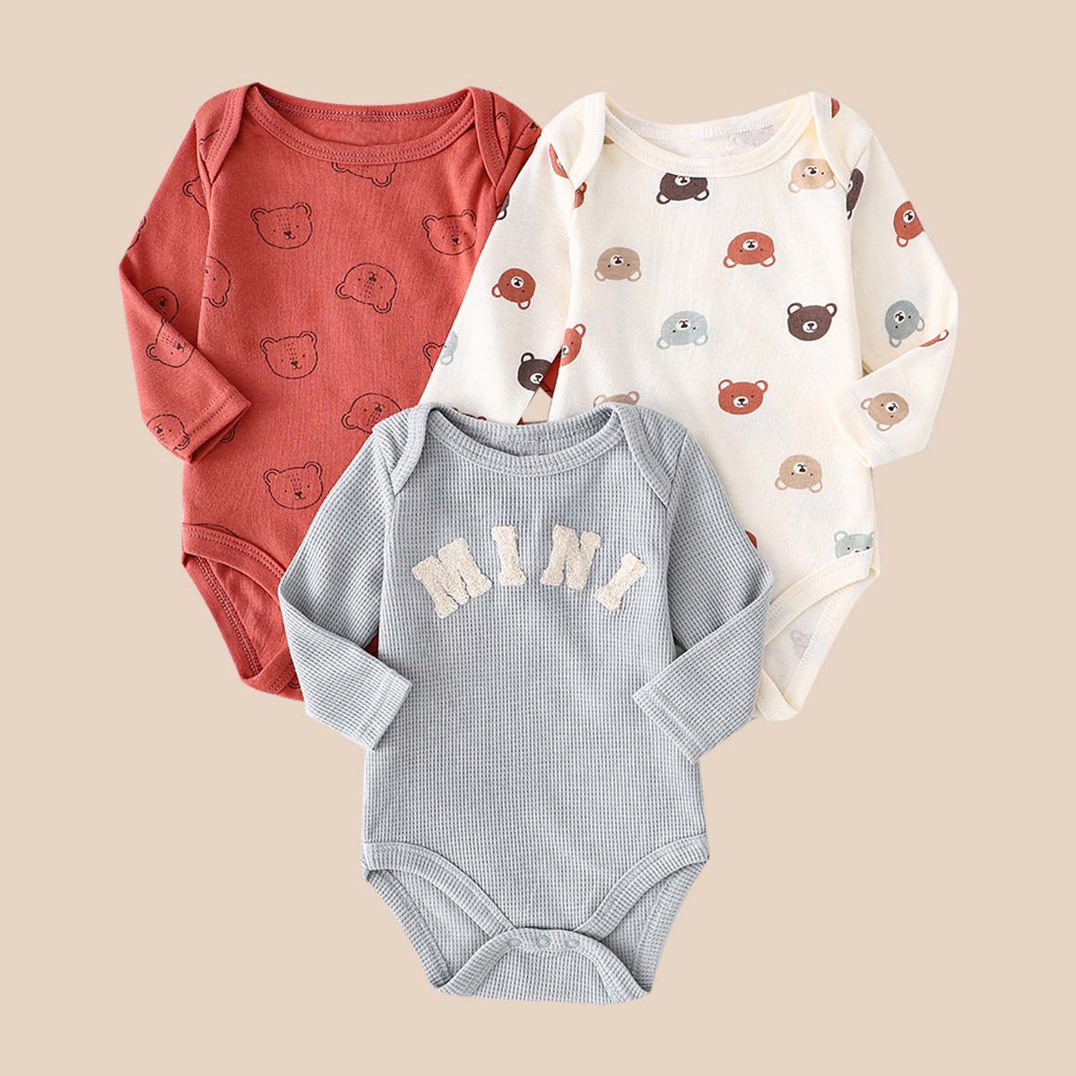 Baby Boys 3‑Pack Cotton Long‑Sleeve Bodysuits with All‑Over Bear Print & MINI Letter Embroidery
