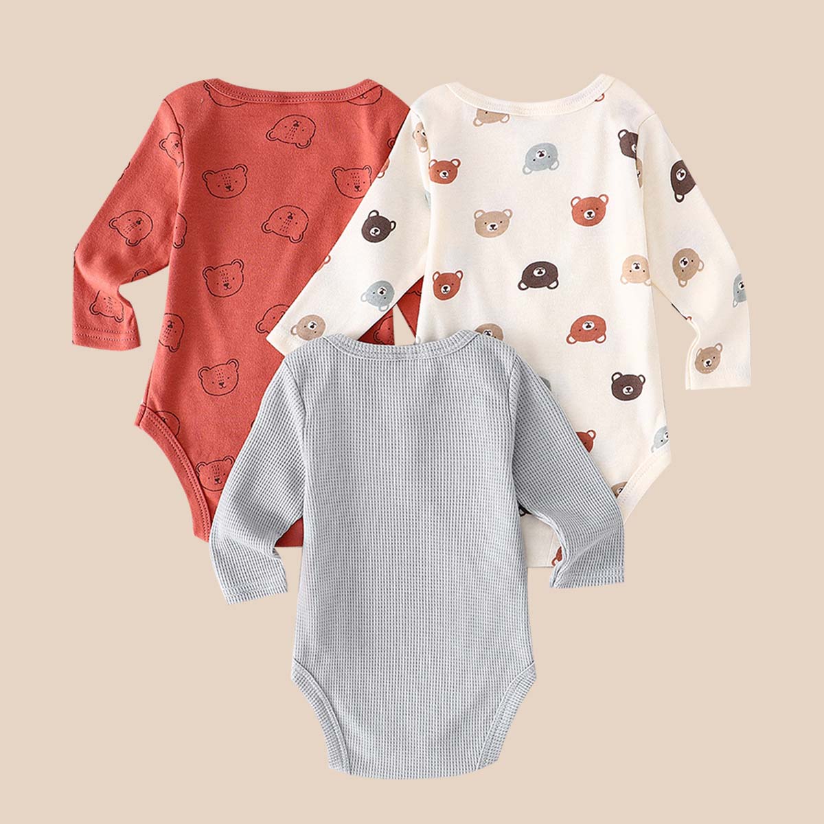 Baby Boys 3‑Pack Cotton Long‑Sleeve Bodysuits with All‑Over Bear Print & MINI Letter Embroidery