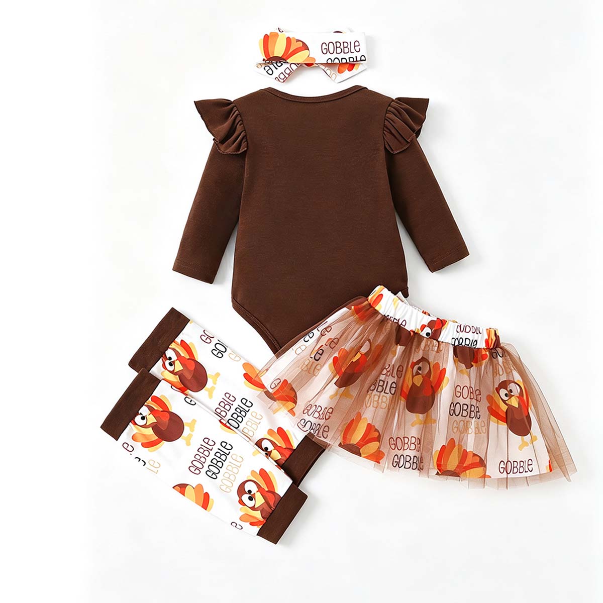 Baby Girl’s Thanksgiving Turkey-Print Ruffle-Trim Romper with Mesh Skirt Two-Piece Set, Complete with Headband
