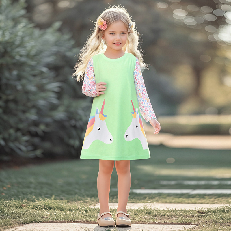 Baby & Kids Green Autumn Cotton Unicorn Printing Dress