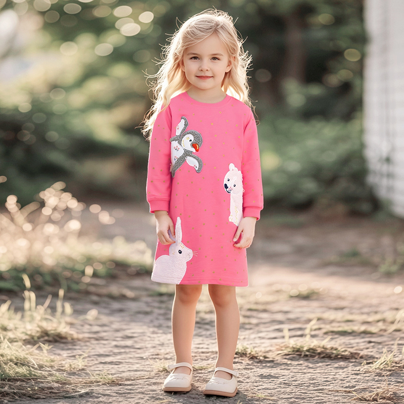 Baby & Kids Pink Autumn Cotton Bear Printing Dress