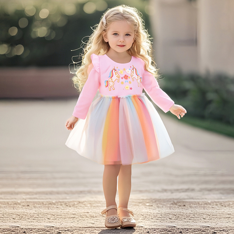 Baby & Kids Pink Autumn Cotton Unicorn Printing Dress